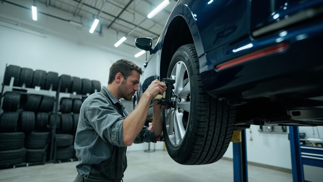 Mechanic checking tire alignment on a car lift in a service bay