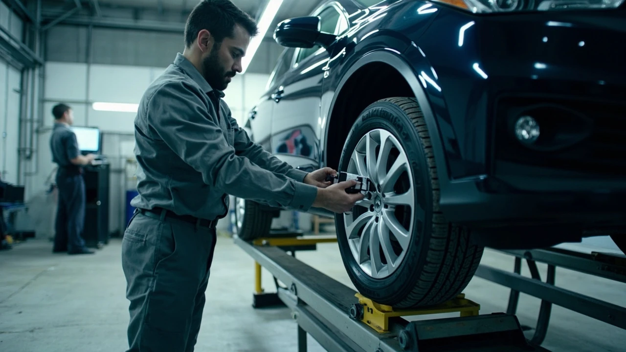 Mechanic checking tire alignment on a car at a Firestone service bay