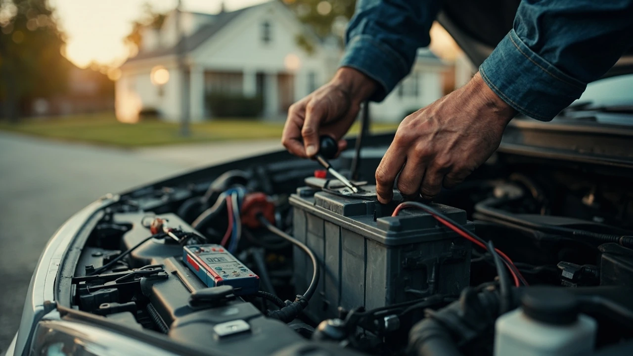 A close-up of a technician inspecting a car battery to check for signs of a bad battery