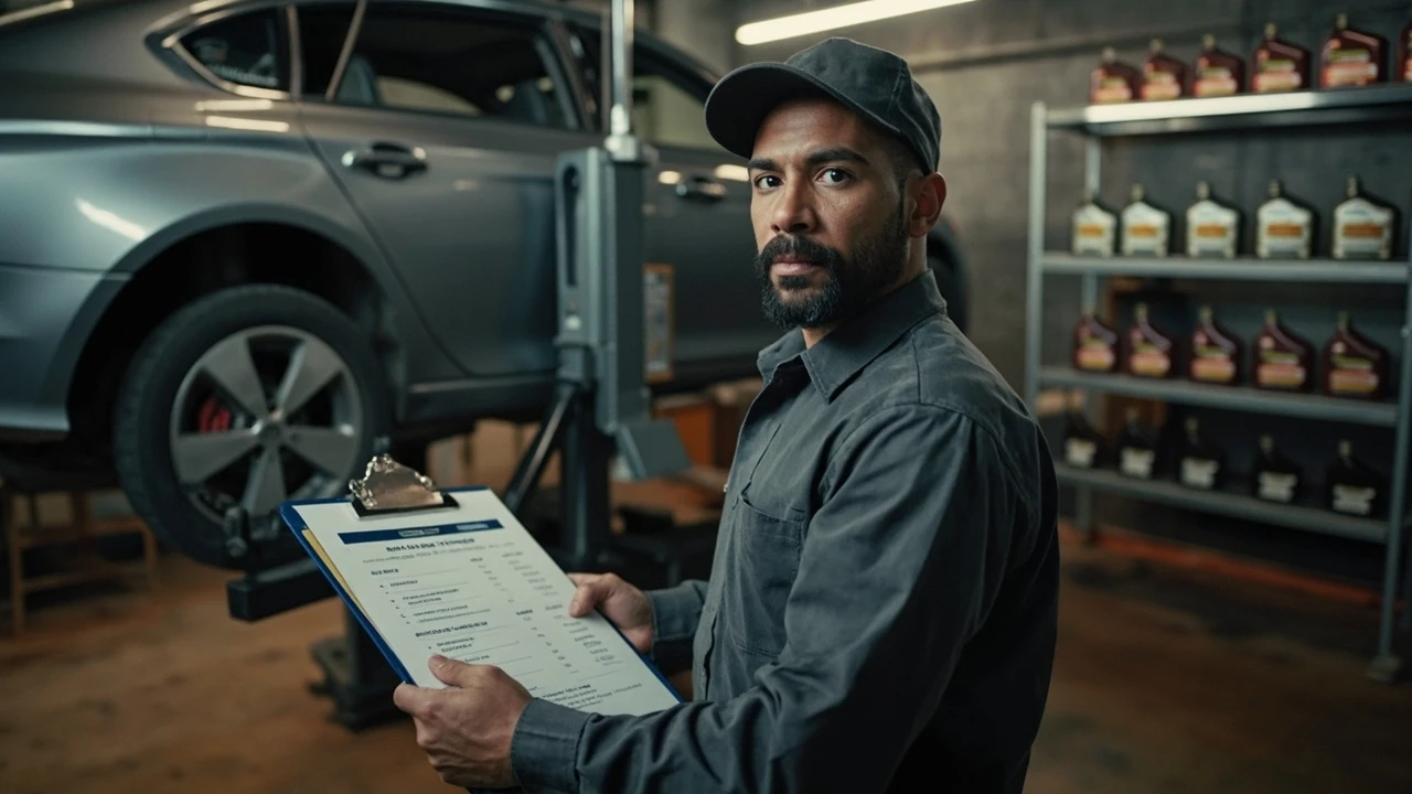 Mechanic checking oil change prices posted in a service bay
