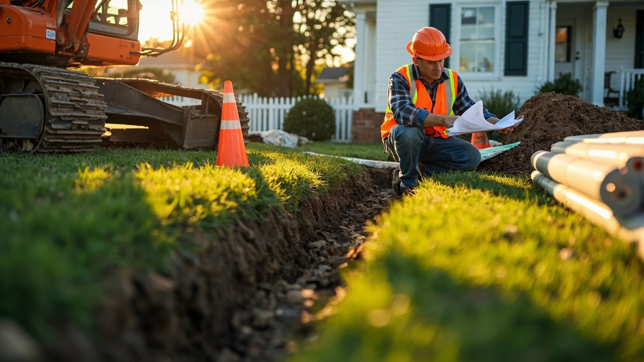 Contractor explaining sewer line replacement cost at an excavation site