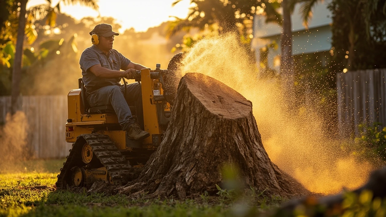 Tree stump removal in Honolulu, showing a grinder at work in a residential yard