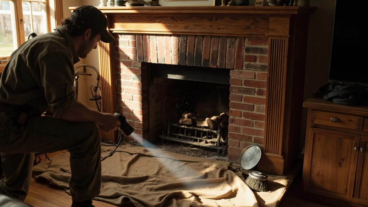Technician performing a chimney inspection with flashlight at the firebox