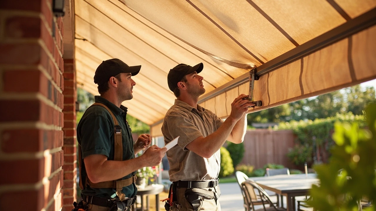 A professional measuring a patio wall before retractable awning installers arrive