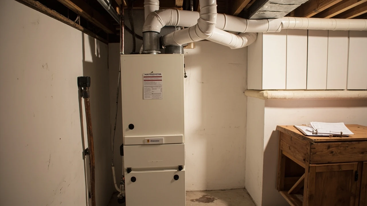 Homeowner comparing new furnace prices in a basement utility room