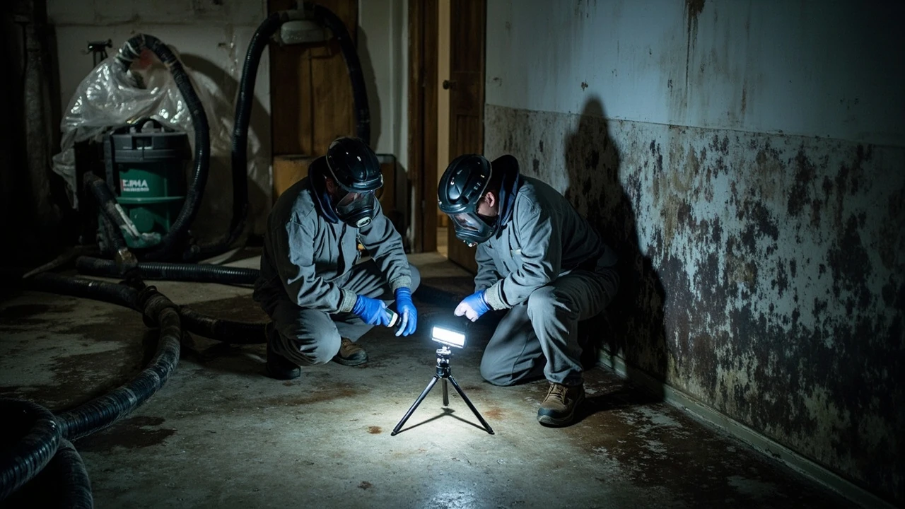 Mold remediation experts inspecting a damp basement wall