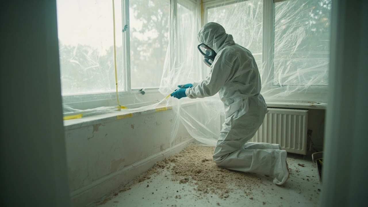 Worker in protective gear performing asbestos removal in a residential setting