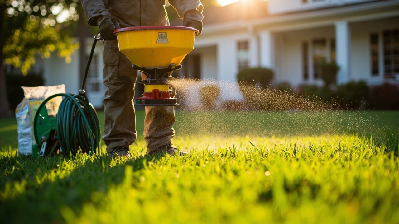 Technician applying granular fertilizer across a residential lawn as part of a lawn fertilizer service