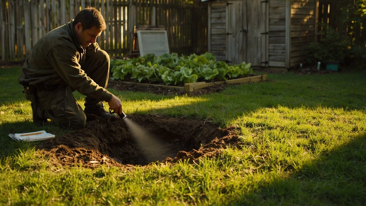 Wide groundhog burrow entrance with a fresh soil mound in a residential lawn
