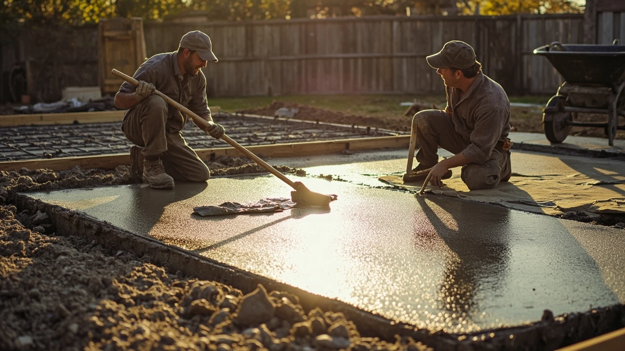 Workers finishing a freshly poured concrete slab in a residential yard