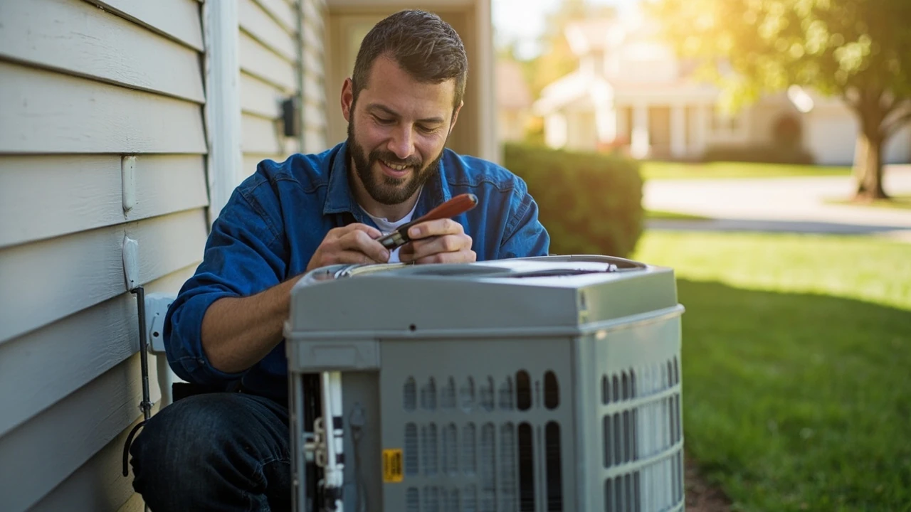 Technician performing HVAC maintenance services on a residential outdoor compressor unit